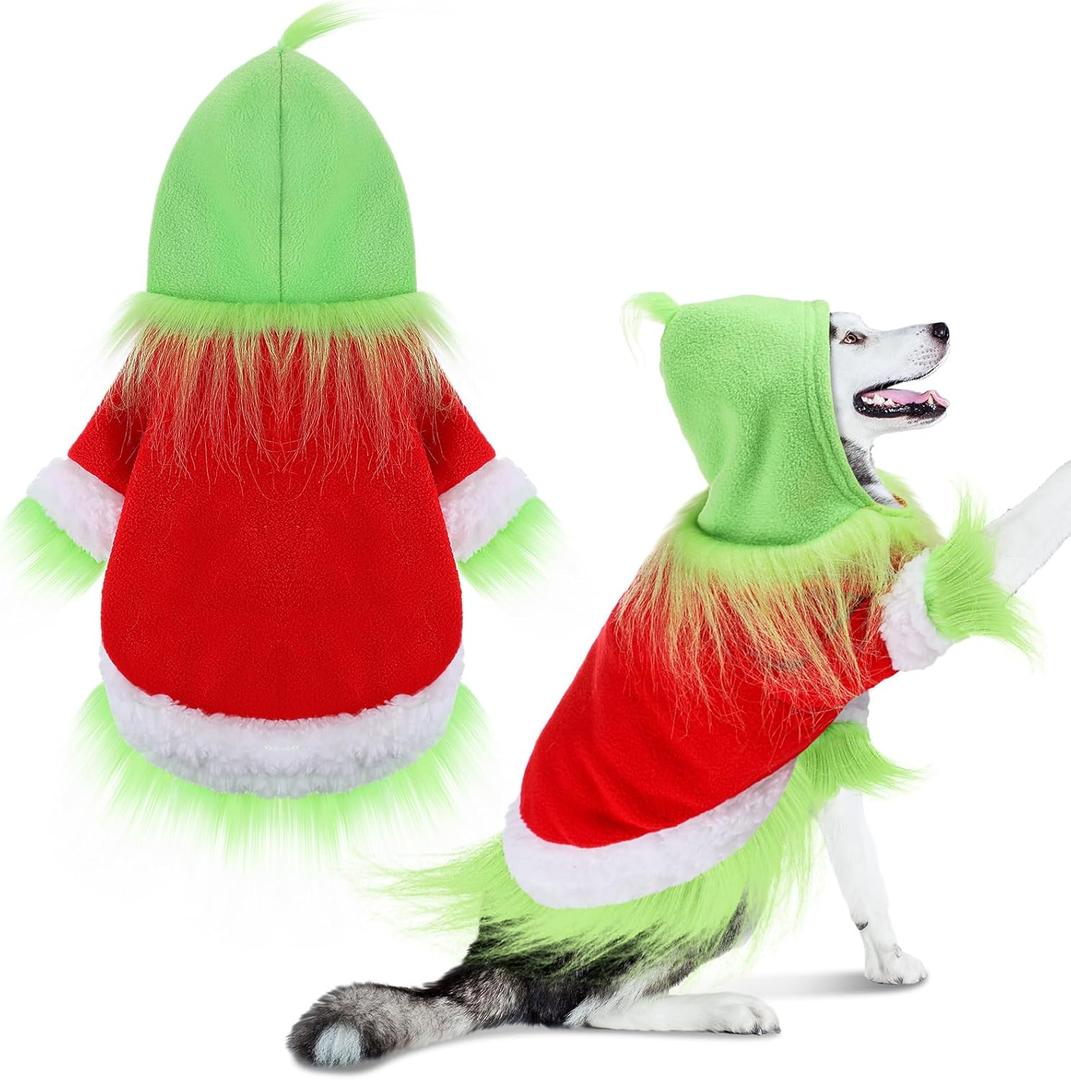 Abbylike Dog Christmas Outfit Holiday Pet Character Green Hoodie Shirt with Hat for Dogs and Cats Christmas Pet Clothes Cute Dog Christmas Outfit Cosplay Party as Shown(Classic, XL) (XL(Neck:17.32" Chest:22.04" Back :16.53"))