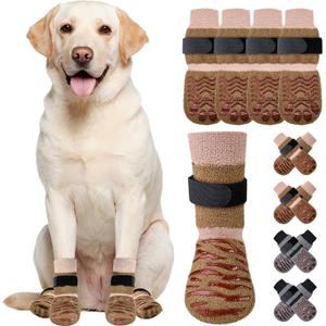 SlowTon Dog Socks with Double-Sided Grippers - 4PCS Dogs Grip Socks for Hot & Cold Pavement or Hard Floors, Non-Slip Paw Traction Protectors for Senior Small Medium Large Dogs(Brown, S)