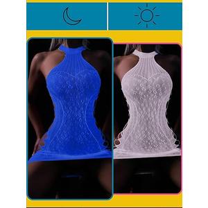FasiCat Sexy Lingerie for Women Mesh Lingerie Backless Fishnet Minin Dress Glow in The Dark Lingerie Babydoll Halter Chemise Pack of 2