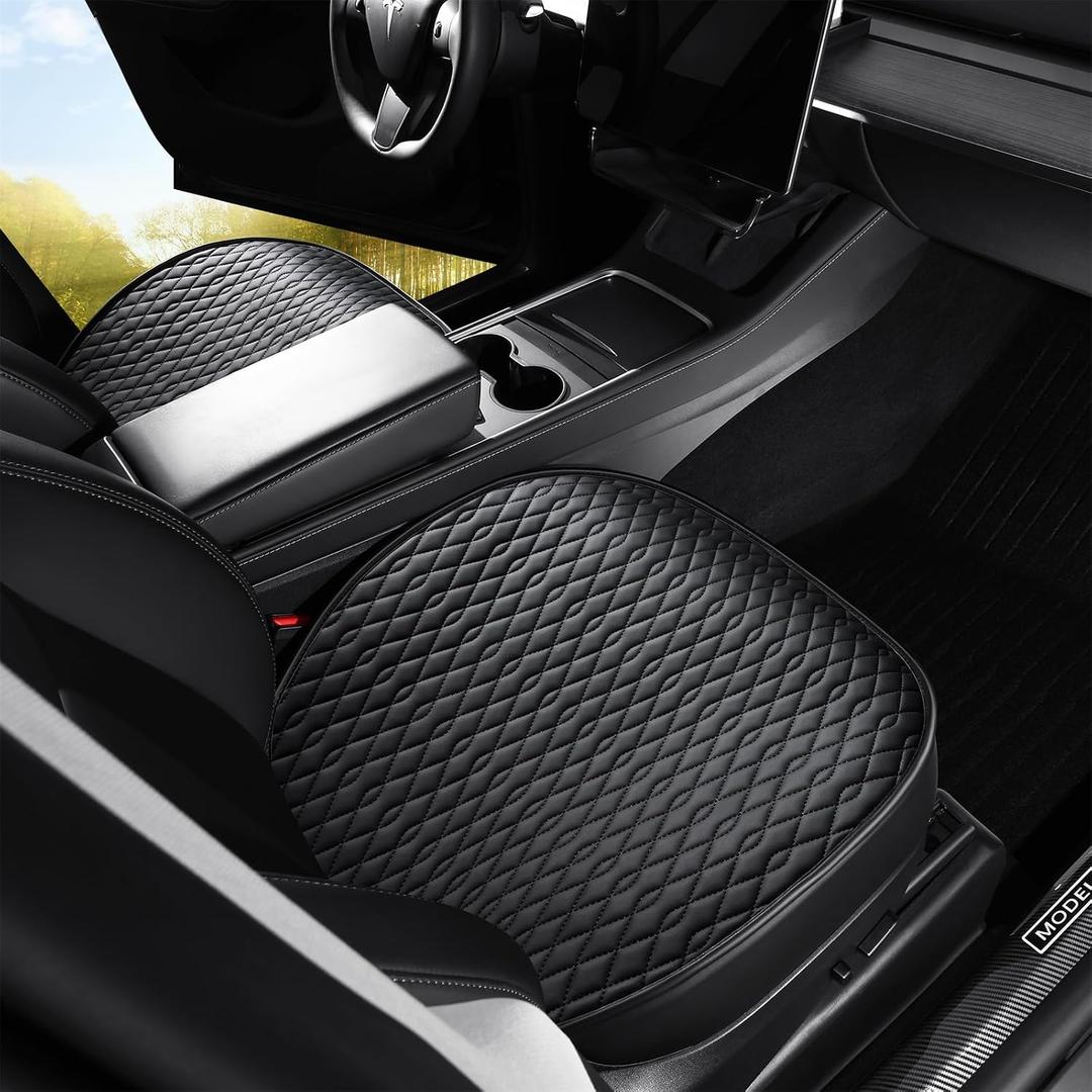 SanQing 2PCS Car Seat Cover Luxury Napa Leather Front Seat Covers for Tesla Model Y 2023-2024 Car Seat Bottom,Heavy Duty Seat Cushion Protector Without Backrest (Leather Black Front, Model Y)