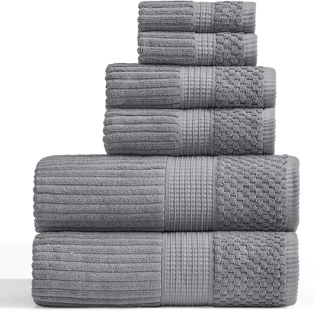 Springtree Home 100% Cotton Bath Towel Set 6 Piece Set | Super Soft & Absorbent Quick-Dry 2 Bath Towels 2 Hand Towels & 2 Washcloths |Textured and Durable Cotton | Krista Collection (Ultimate Grey)