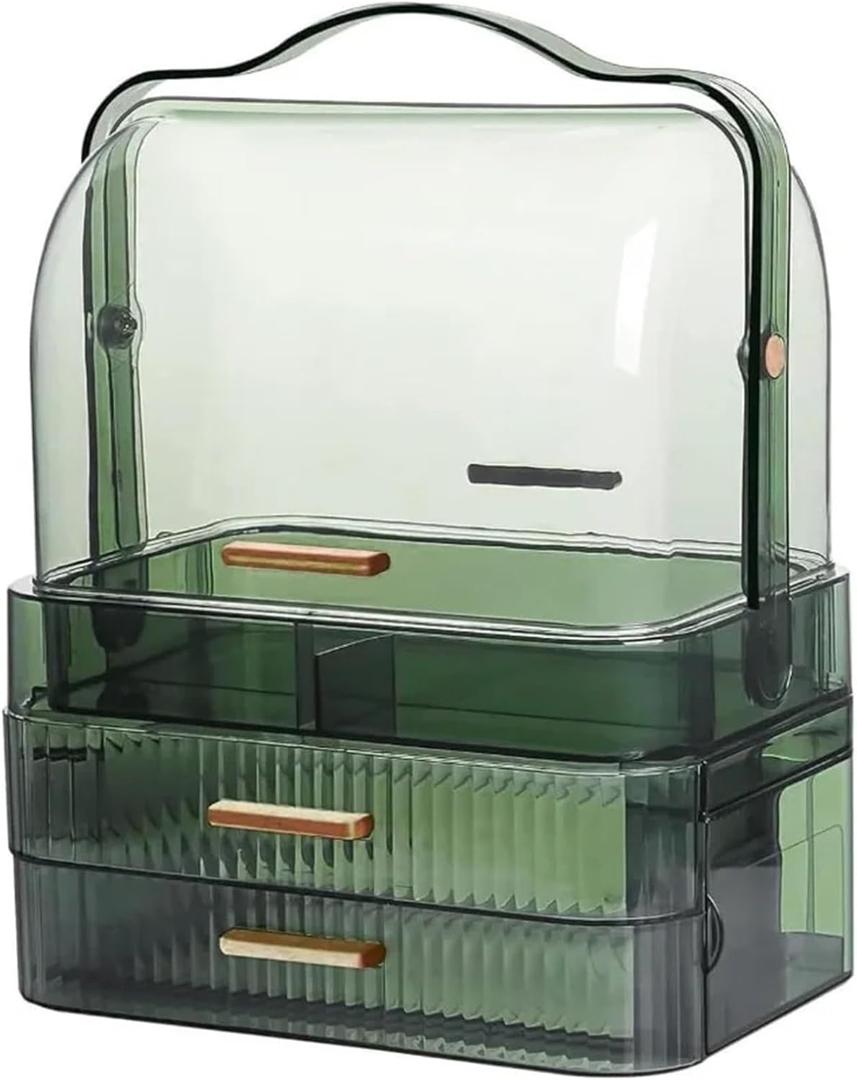 Cosmetics Box Large Makeup Organizer Drawers Portable Handle Display Cases(Clear-Green)