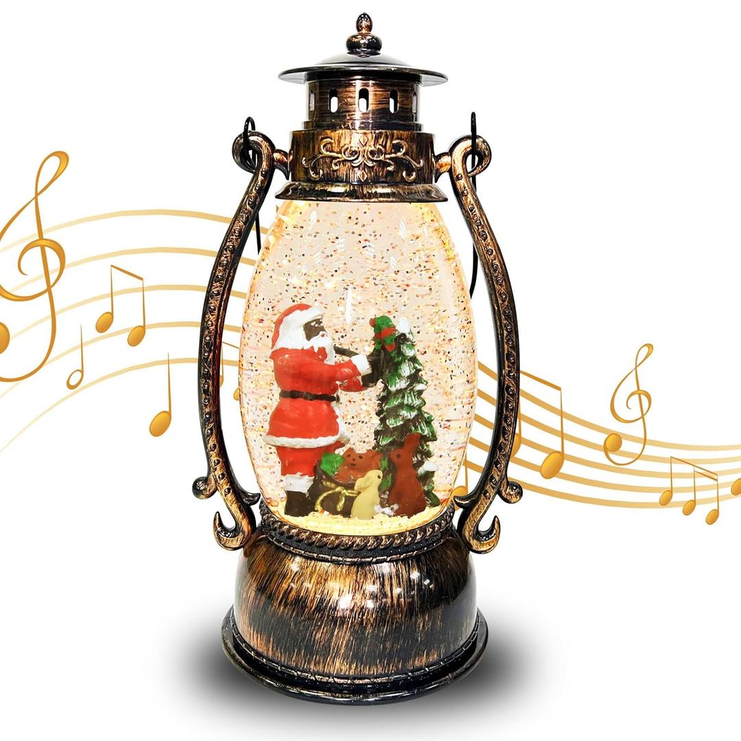 Black Santa Christmas Snow Globes Lantern with 8 Musics Lighted & Timer Glitters USB/Battery Operated African American Christmas Decorations Snowglobe Home Decor for Kid Adult