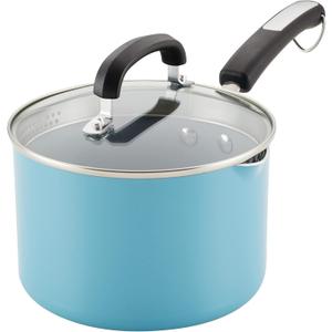 Farberware EcoAdvantage Ceramic Nonstick Straining Saucepan/Sauce Pan with Lid, 3 Quart, Aqua
