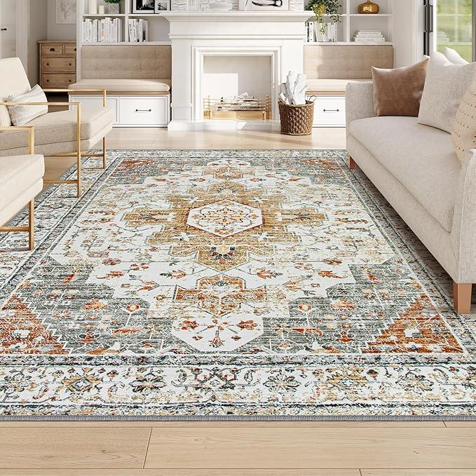 Moynesa UltraThin Vintage Area Rug 6x9, Large Living Room Rugs for Bedroom Aesthetic, Washable Carpet for Under Dining Room Table, Oriental Medallion Printed Low Pile Mat for Office Playroom Dorm