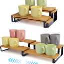 2-Tier Expandable Coffee Mug Holder for Cabinet, Black Metal & Bamboo Cup Organizer Rack, Kitchen Counter Shelf for Spices & Tea, Coffee Bar Accessories Storage, Sturdy Pantry Insert (Natural)