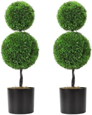 DUZYXI 2 Pack Fake Shrubs Plants Potted,24" 2FT Artificial Topiaries Cypress Ball Tree,Faux Topiary Ball Trees for Front Door Porch Decor Lifelike Fake Plant Greenery Arrangements-2 Ball Green