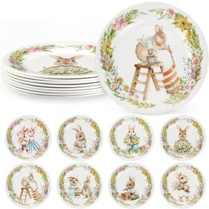8 Pcs Easter Salad Plates Bunny Dishes 8" 10" Melamine Easter Dinnerware Sets Assorted Designs Ceramic-like Spring Rabbit Plates for Dinner Salad Dessert Birthday Party Supplies(8 Inch)