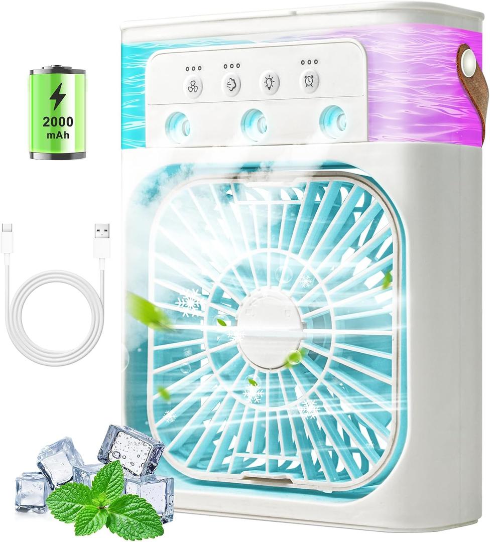 Portable Air Conditioners, 2000mAh Rechargeable Mini Air Cooler Fans, 500ML Personal Portable AC Unit with 3 Speed, 2 Spray, 7 Color, 3 Timer, Small Desktop Cooling Fan for Bedroom Office (White)