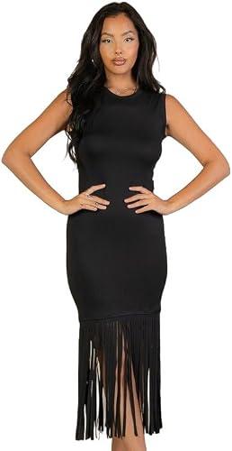 Black Sleeveless Fringe Midi Dress, XL Plus
