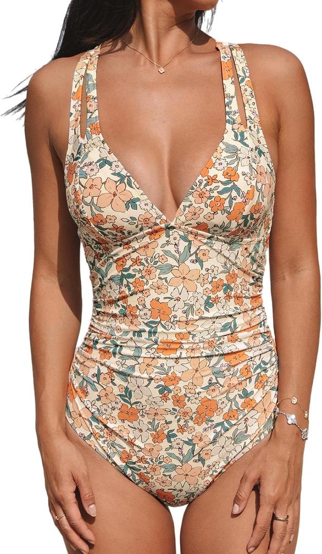 CUPSHE Women's One Piece Swimsuit Tummy Control Deep V Neck Double Straps Crisscross Back Tie Bathing Suit (Large, Beige/Floral)