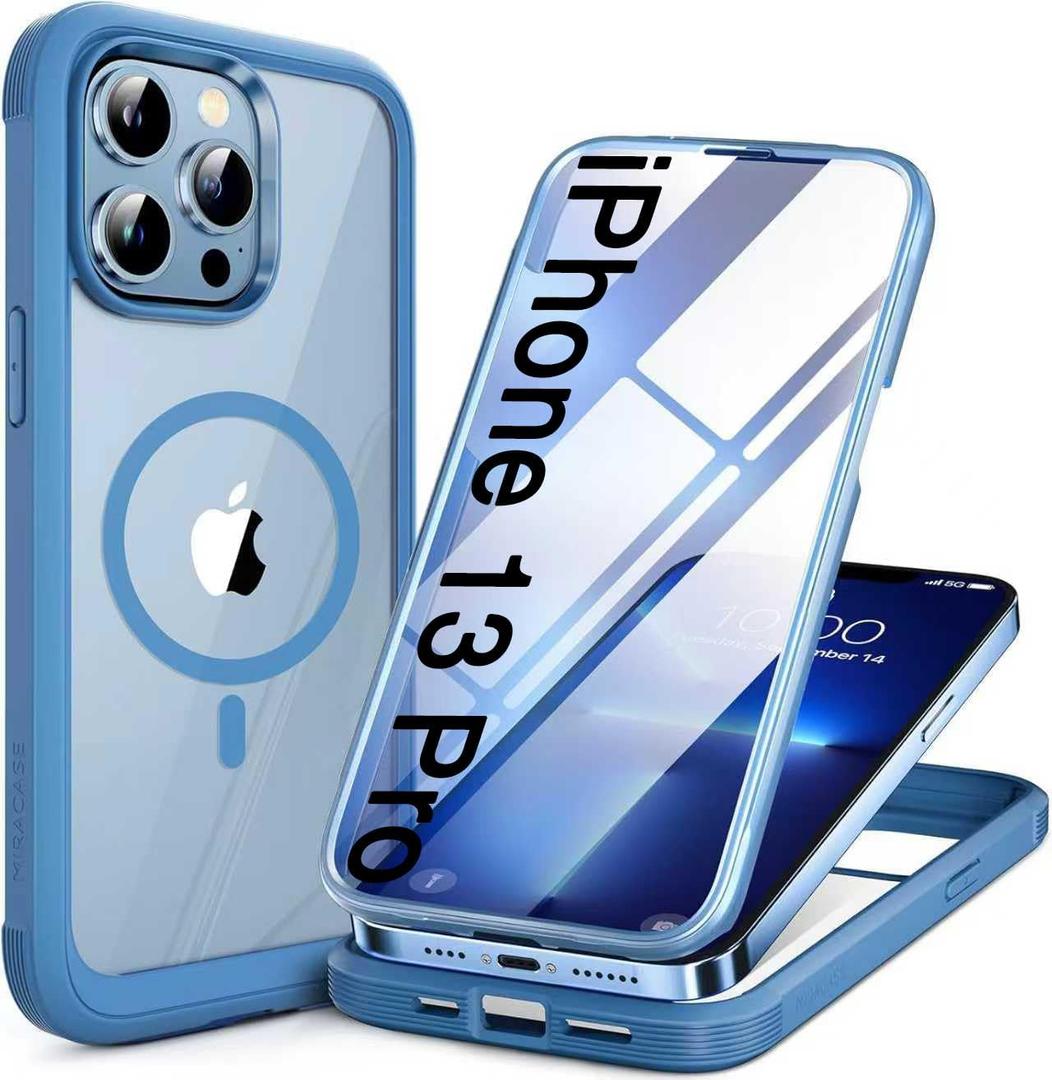 Miracase Magnetic Glass for iPhone 13 Pro Case,Compatible with MagSafe,Full-Body Protection Bumper with Shockproof Military-Grade,Built-in 9H Tempered Glass Screen Protector,Capri Blue