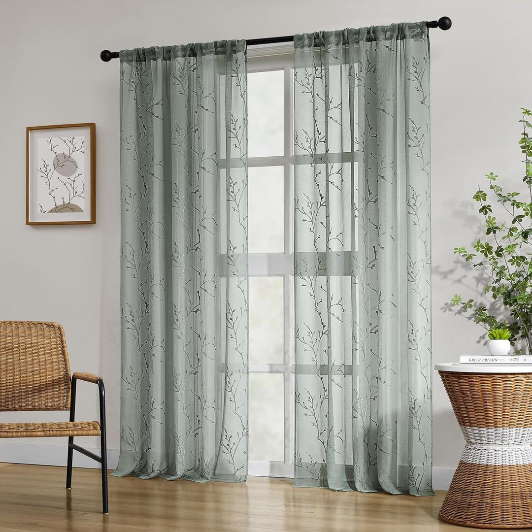 HOMEIDEAS Sage Green Sheer Curtains 52 X 96 Inches Length 2 Panels Embroidered Branch Pattern Pocket Faux Linen Floral Semi Sheer Voile Window Curtains/Drapes for Bedroom Living Room 