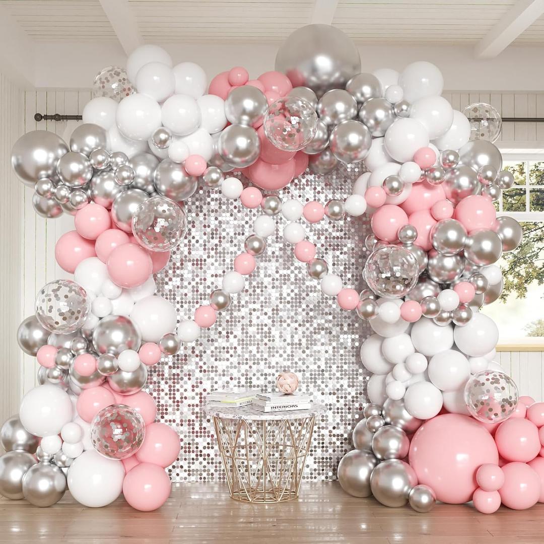 Pink White Silver Balloons Arch Kit, 162pcs Winter Wonderland Garland with Pastel Pink White Metallic Silver and Confetti Balloons for Wedding Princess Snowflake Theme Birthday Party Decorations