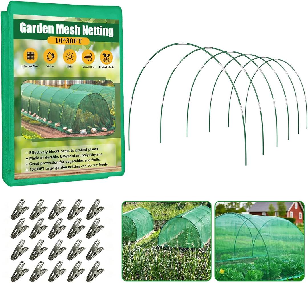 Garden Mesh Netting Kit for Raised Beds, 10x30FT Green Garden Netting 6 Sets Fiberglass Garden Hoops, Row Cover Garden Netting Pest Barrier Plant Protection for Vegetable Flowers Fruits