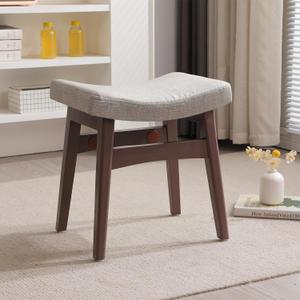 Vanity Stool, Saddle Cushion Foot Stool, Modern Vanity Bench Ottoman with Solid Wood Legs and Upholstered Seat for Entryway, Bedroom,Walnut Color Leg - Linen Colour Fabric Cushion