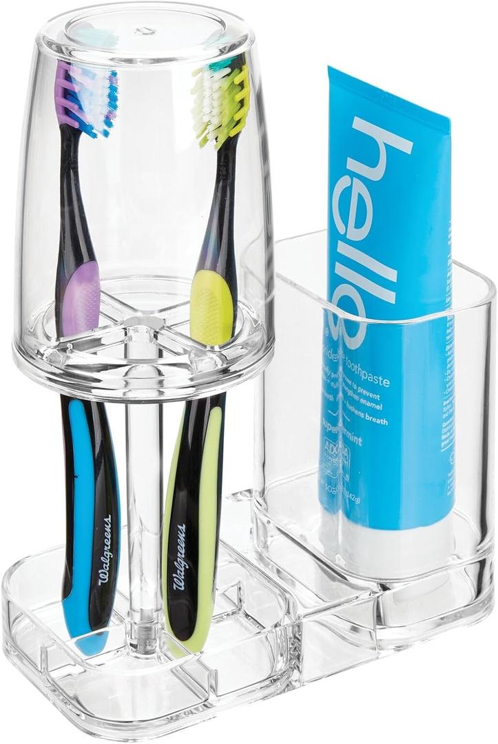 mDesign Modern Plastic Bathroom Vanity Countertop Toothpaste & Toothbrush Holder Stand with Rinsing Cup/Cover - Dental Center Holds Electric Toothbrushes - Clear