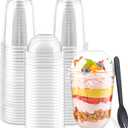 Zezzxu 50 Pack 16 oz Plastic Dessert Cups with Dome Lids (No Hole) and Sporks, Clear Disposable Fruit Cups with Lids for Yogurt Parfait Ice Creams Pudding Cakes