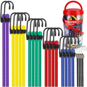 WORKPRO Bungee Cords Heavy Duty Outdoor - 22 PCS Bungee Cords with Hooks in a Storage Jar Includes 10", 18", 24", 30", 36", 48" Bungie Cord Bundle Assortment with Metal Hook