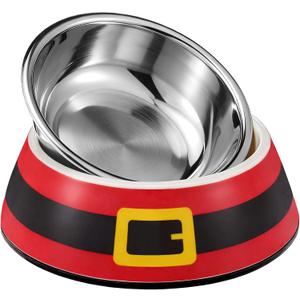 Qinyoung Christmas Pet Food Bowl for Small Dog Cat, 7oz Red Santa Belt 2 in 1 Dog Food Water Bowl Stainless Steel Ceramic Stackable Pet Dish Water Feeder Non Slip Easy Clean 5.51 x 4.33 x 1.77 Inch