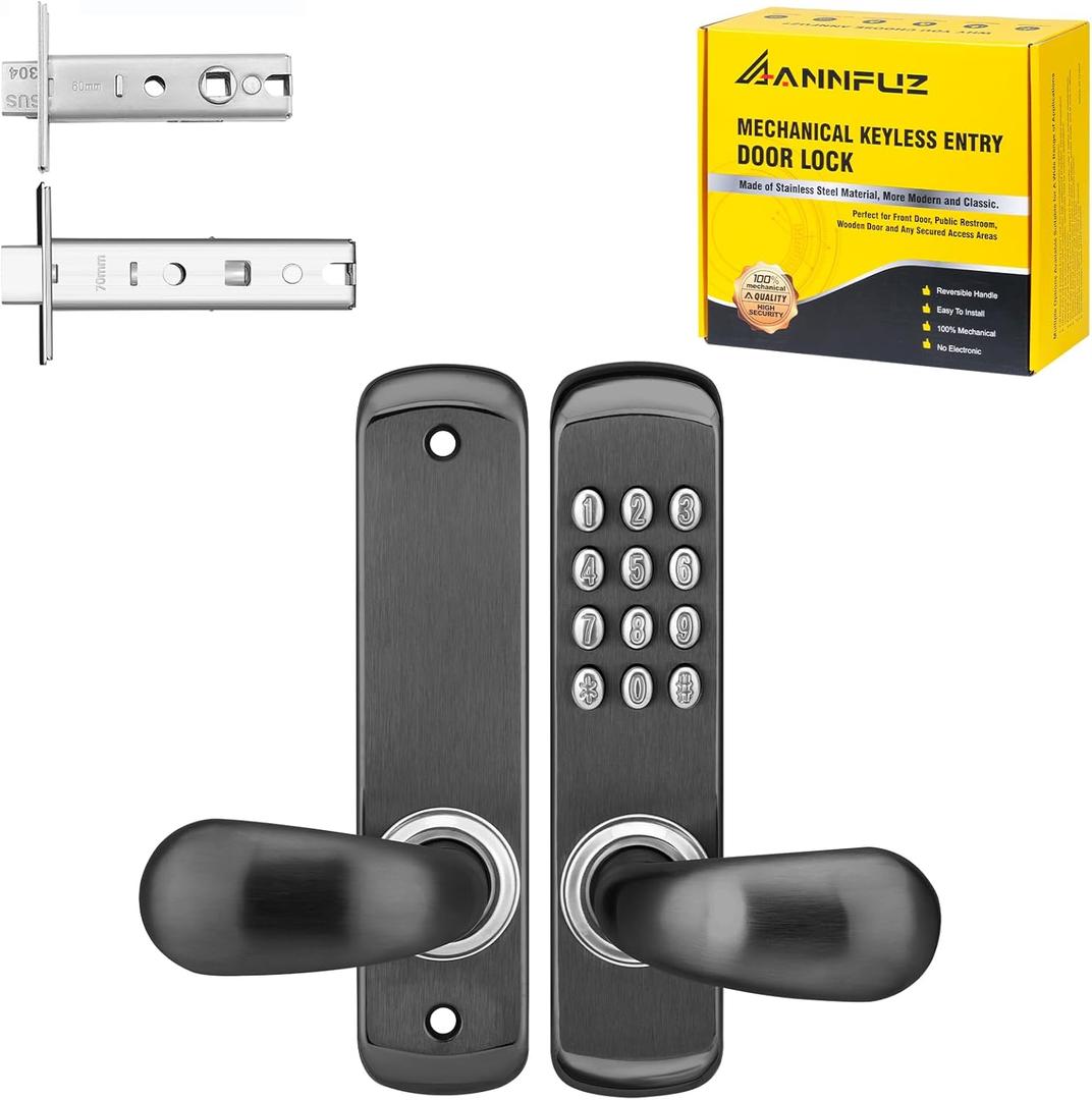 Stainless Steel Mechanical Keypad Entry Door Handle Lock,Commercial Keyless Push Button Code Door Knob,Single-Sided Combination & Interior Non-locking Lever,Exterior Auto-Lock,For Outdoor,Black