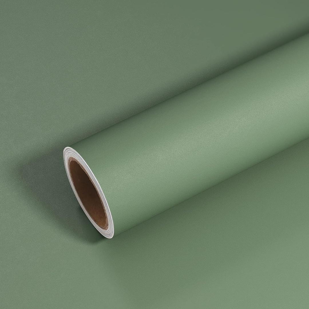 VEELIKE 15.7''x118'' Thick Sage Green Contact Paper for Cabinets Walls Peel and Stick Removable Green Wallpaper for Bedroom Bathroom Waterproof Self Adhesive Green Wall Paper for Kitchen Counter Vinyl