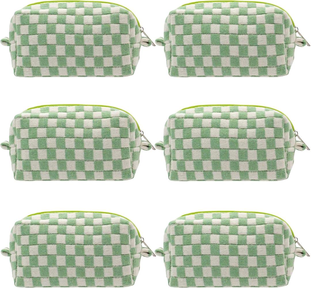 PAZIMIIK Checkered Makeup Bag for Purse Portable Zipper Make Up Pouch Small Cosmetic Case for Travel Accessories (6PCS Light Green)
