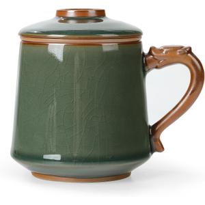 fanquare Handmade Porcelain Tea Cup with Lid and Infuser, Green Crack Glaze Ceramic Coffee Mug, Dishwasher Safe, Chinese Single Tea Cup for Adults Home Office