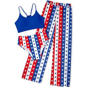 NECIOUS Girls Swimsuit, 3 Piece Bikini Bathing Suit Tropical Floral Swimwear with Cover Up Pants 7-16Y (9-10 Years, Blue Red)