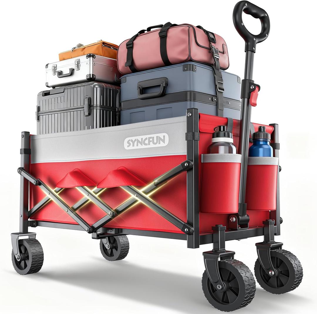SYNCFUN Collapsible Wagon Cart Foldable 300lbs, Portable Rolling Shopping Carts on Wheels, All Terrain Folding Sport Beach Wagons for Sand, Heavy Duty Utility Cart for Groceries Fishing, Red