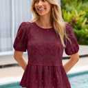 Simplee Womens Summer Lace Tops Boho Hollow Out Crochet Cute Ruffle Peplum Top Western Babydoll Blouses Shirts Beach Vacation (Red, S)