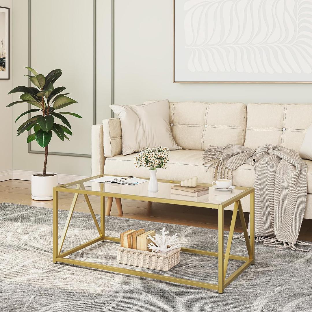 HOOBRO Glass Coffee Table, Gold Coffee Tables for Living Room, Gold Glass Coffee Table,1 Layer Center Table, Modern, for Apartment, Office, 39.4 x 19.7 x 17.7 Inches, Easy Assembly, Golden GD04KF01