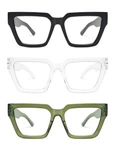 AMOMOMA Retro Reading Glasses for Women, Trendy Stylish Square Blue Light Blocking Readers AM6107, Black&Transparente&Green 1.00x