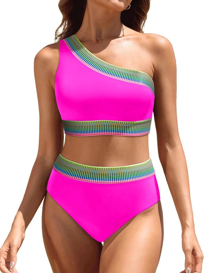 Women High Waisted Bikini Set - One Shoulder Two Piece Swimsuits Color Block Bathing Suits with Swimwear Bottom (Large, Hot Pink)