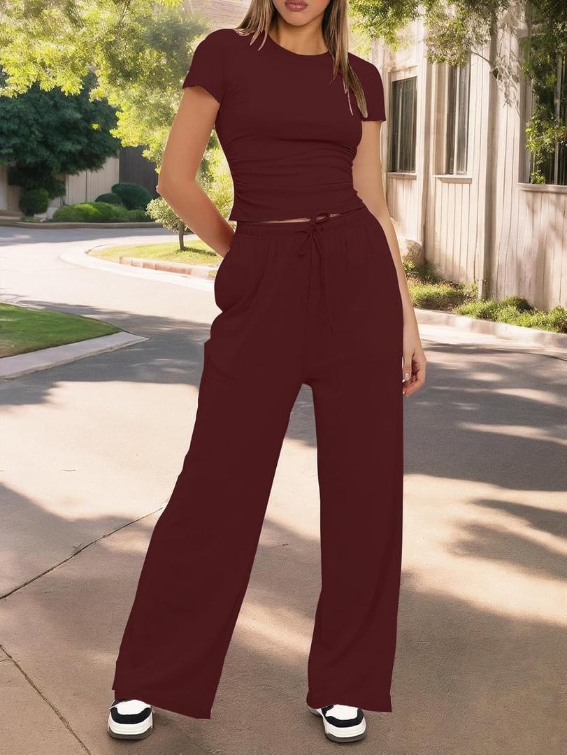 Women's 2 Piece Lounge Set Ruched Short Sleeve Tops High Waisted Wide Leg Pants (Large, Wine Red)