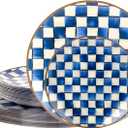 U-QE 20PCS Blue Plastic Plates for Party - Retro Checkered Plates Disposable Heavy Duty - Blue and White Plate for Party, Birthdays - 10 10.25 Inch Dinner and 10 7.5 Inch Dessert Plate