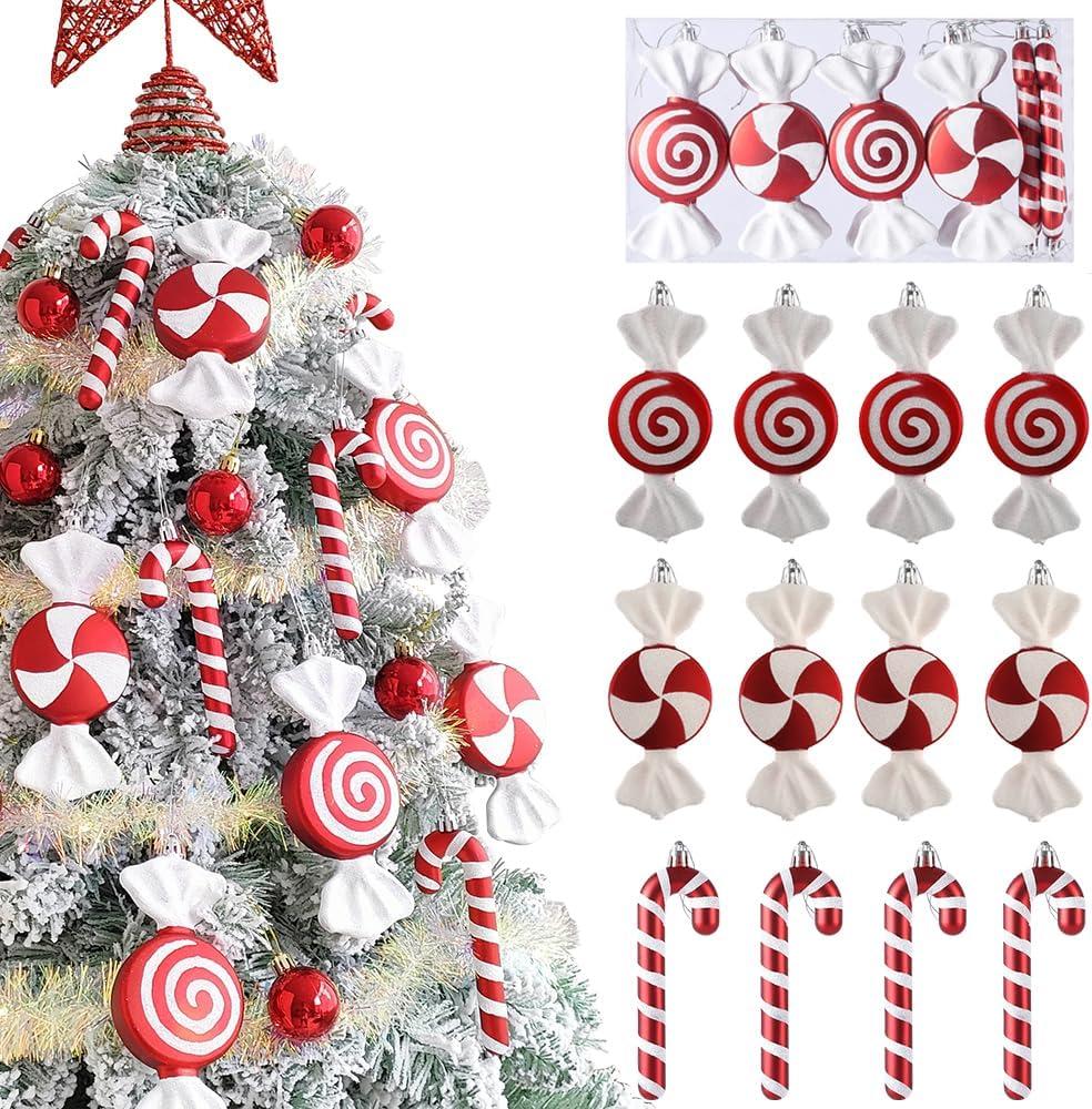 12 Pcs Candy Cane Ornaments for Christmas Tree - 6.5 Inch Red & White Assorted Shape Lollipop Hanging Decor with Ribbon for Sweet - Themed Xmas & New Year Party, Home Holiday Decorations
