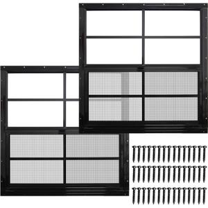 NeatiEase 2 Pack Shed Windows with Black Frame, 24 x 24 Flush Mount Small Window with Tempered Glass and Fiberglass Screen for Shed, Chicken Coop, Playhouse, Household, Garage