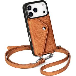 LUCKYCOIN Crossbody Wallet Phone Case for iPhone 17 Pro,100% Genuine Leather Wallet Phone Case with Expandable Flip Card Holder,Phone Purse for Women with Adjustable Removable Strap - Pebble Brown