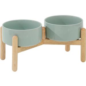 Ceramic 6.1inch Raised Dog Bowl with Stand for Small and Medium Breed Dog Dish Pet Food and Water Bowl (Double Bowl with Stand - Light Green, 28oz)