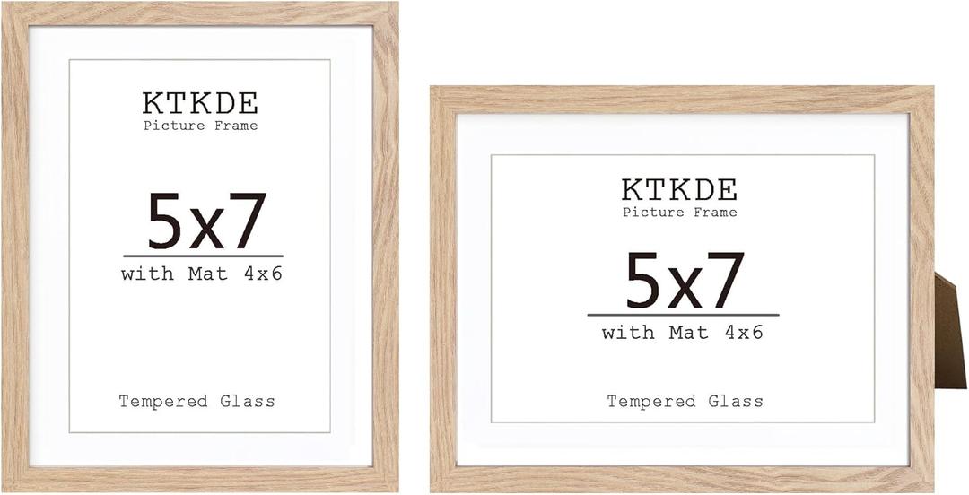 KTKDE 5x7 Picture frame Set of 2, 4x6 with mat 5x7 without Mat, Modern Style Wood Composite Frame, Real Glass, Studio Gallery frame Wall Mount and Tabletop Display Family Friends Wedding Ideal Gift