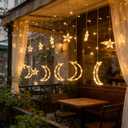 Dazzle Bright Ramadan Curtain String Lights, 138 LED 8.2 FT Warm White Star Moon Window Lights with Timer and 8 Lighting Modes, Waterproof Ramadan Decorations for Bedroom Wall Wedding Outdoor Party