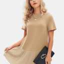 EXLURA Womens Summer Casual Short Sleeve Dress Crewneck Tshirt Dresses Pleated Aline Mini Dress 2025 Vacation Beach Sundress (Beige, M)