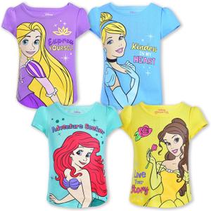 Disney Princess Cinderella, Belle, Rapunzel, and Ariel Girls 4 Pack Short Sleeve T-Shirt for Toddler and Big Kids 6