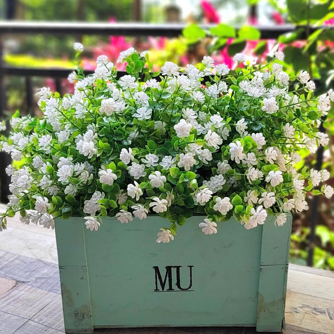 Grunyia 12 Bundles Artificial Flowers for Outdoors, UV Resistant Fake Flowers with Plastic Plants, Faux Flowers for Outside Window Box Front Porch Hanging Planter Decor (White)