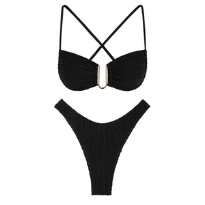 ZAFUL Women's Textured Underwire Bikini Set V Notch High Cut Swimwear Tie Side Ribbed Sexy Swimsuits LARGE