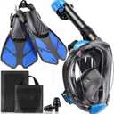 Mask Fins Snorkeling Gear for Adults, Full Face Snorkel Mask & Adjustable Swim Fins Snorkel Set, Panoramic View Snorkel Mask Dry Top Anti-Fog Anti-Leak (Black Blue)