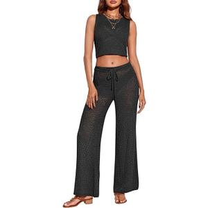 Saodimallsu Womens Beach Cover Up Pants Drawstring Crochet Fishnet Hollow Out Knit Mesh Wide Leg Pant XL Black