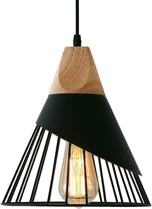 Black Farmhouse Wooden Pendant Light,Rustic Wood & Metal Pendant Lighting, Adjustable Height Hanging Ceiling Light Fixture for Kitchen Island Dining Room Bedroom Hallway