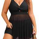 Womens Plus Size Mesh Swim Dress Cutout Swimsuit 2 Piece Tankini Flowy Bathing Suit with High Waisted Boyshorts Black 20W 